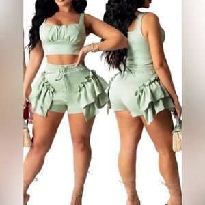 High waisted ruffled sexy shorts & crop top set - 2XL - mint green - NEOT